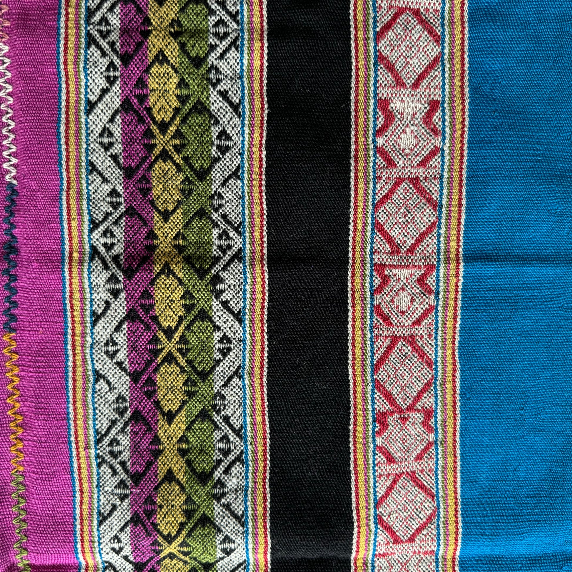 Close up of Sacred Mesa cloth from the High Andes. Hand woven from hand dyed Alpaca wool in a variety of colors. Cloth can be used for your work with the Mesa, Sacred Medicine bundle, and/or as an Altar cloth.